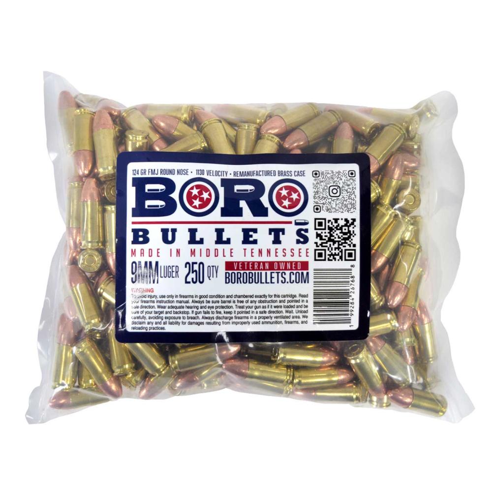 9MM 124GR FMJ BORO Bullets 250 Round Bag