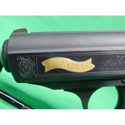 USED WALTHER VAH38075 PPK 75TH ANNIVERSARY PPK 3.25" W/ HARD CASE, DISPLAY CASE, AND (2)6RD MAGS