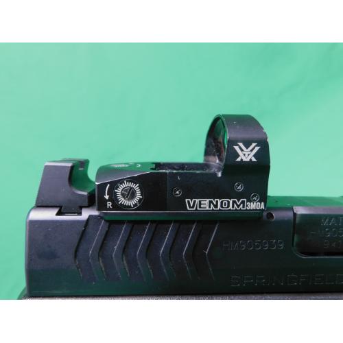 USED SPRINGFIELD ARMORY XDM-9 9MM 4.5" BLACK PISTOL. W/VORTEX VENOM, CASE & (3) 19RD MAGS. INCLUDES 5.25" THREADED BBL. GOOD USED CONDITION 95%