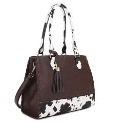 Jessie & James Montana Concealed Carry Lock and Key Whipstitch Cow Print Satchel Bag with Tassel Coffee