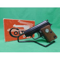 NEW OLD STOCK 1965 COLT JUNIOR .25ACP BLUED PISTOL. IN BOX W/1-MAG AS NEW OTHER THAN LIGHT SURFACE RUST IN REAR SIGHT. 98% COLLECTOR ESTATE (Consignment)
