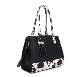 Jessie & James Montana Concealed Carry Lock and Key Whipstitch Cow Print Satchel Bag with Tassel Black