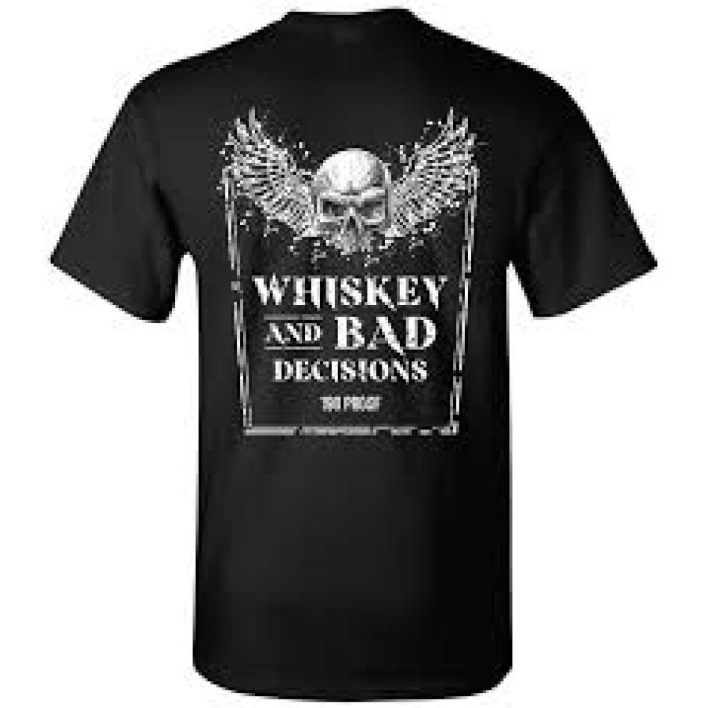 Trade Marked Whiskey and Bad Decisions Skull and Wings T-Shirt M
