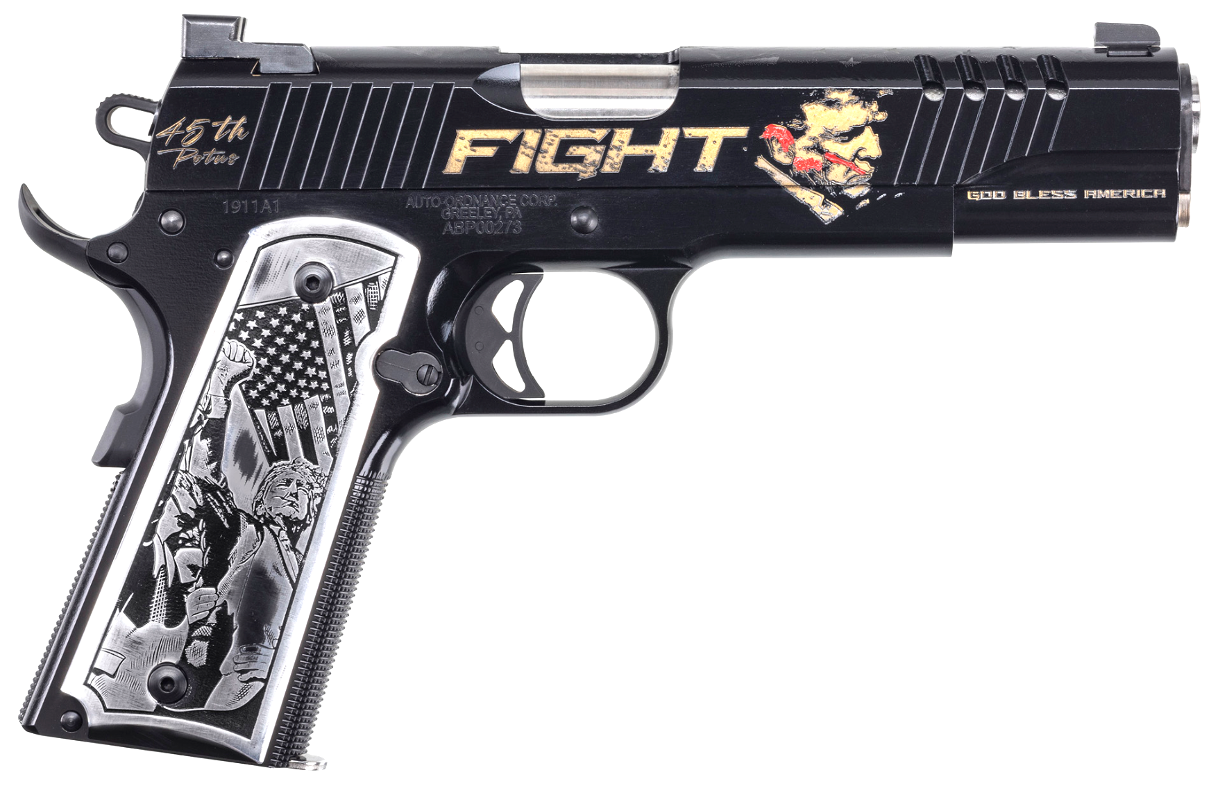 AUTO ORDNANCE 1911 TRUMP FIGHT BLACK CERAKOTE ALUMINUM GRIPS 5" BBL .45 ACP-img-0