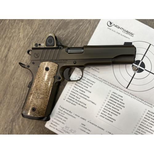 NIGHTHAWK 1911 TROOPER IOS GOVERNMENT BATTLEWORN FDE FINISH FALCON MAG-WELL DINOSAUR GRIPS 5" BBL .45ACP W/ TRIJICON FDE RMR