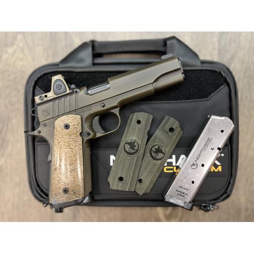 NIGHTHAWK 1911 TROOPER IOS GOVERNMENT BATTLEWORN FDE FINISH FALCON MAG-WELL DINOSAUR GRIPS 5" BBL .45ACP W/ TRIJICON FDE RMR