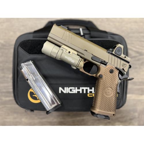 NIGHTHAWK 1911 SANDHAWK IOS TAN ANODIZED FINISH COMPENSATED 5" BBL 9MM W/ TRIJICON RMR TYPE 2 FDE & SUREFIRE X300 (5) MAGS INCLUDED