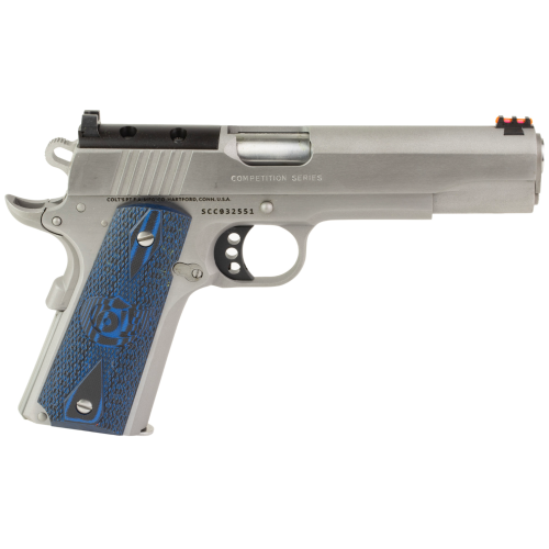 Colt Mfg O1070CCSOR Competition Government 45 ACP 8+1 5" Stainless National Match Barrel & Optic Ready/Serrated Slide, Stainless Stainless Steel Frame w/Beavertail, Checkered Blue G10 Grip, Ambidextrous