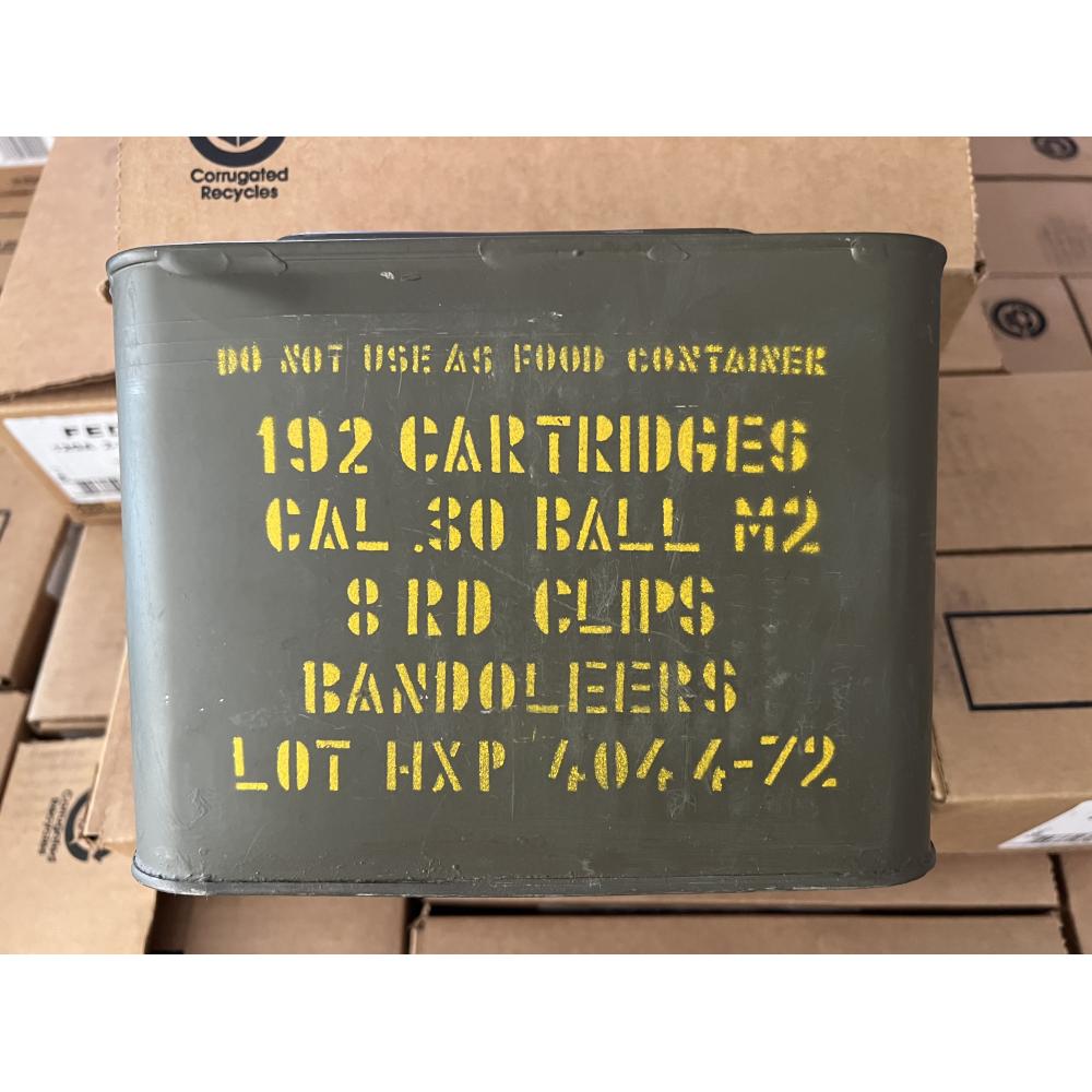 GREEK SURPLUS 192 CARTRIDGES .30 CAL (30-06 SPRG) BALL M2 M1 GARAND BANDOLEERS UNOPENED AMMO CAN
