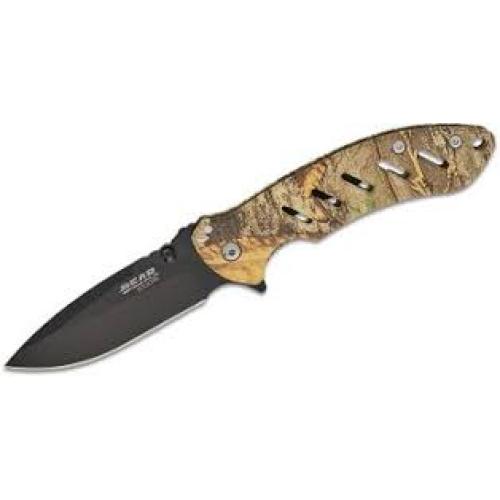 Bear & Son Cutlery 61507 Framelock, 3 1/8" Blade, Stainless Handles, Black Blade, Realtree Edge Camo, Clip