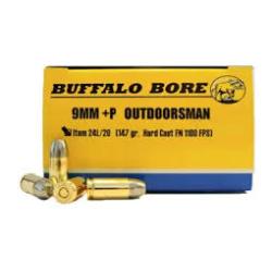 Buffalo Bore Outdoorsman 9mm Luger +P Ammo 147 Grain Flat Nose Box of 20