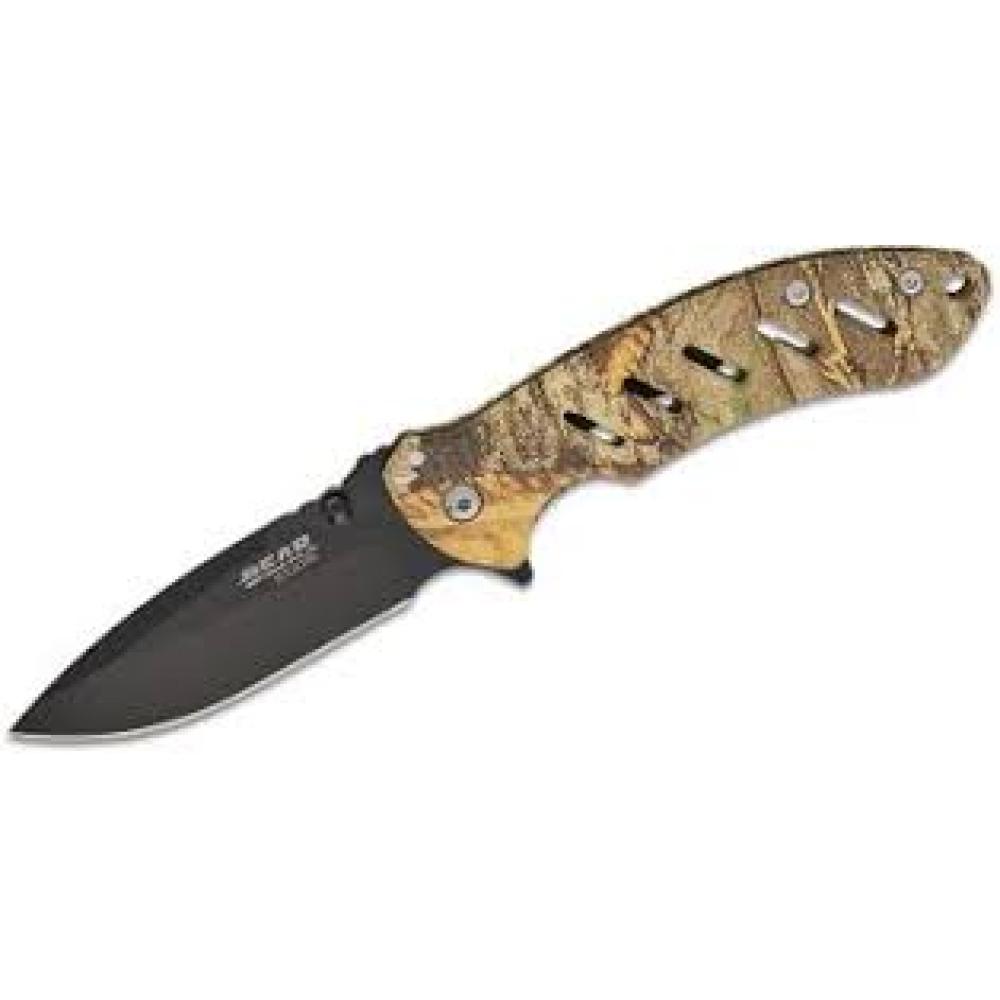Bear & Son Cutlery 61507 Framelock, 3 1/8" Blade, Stainless Handles, Black Blade, Realtree Edge Camo, Clip
