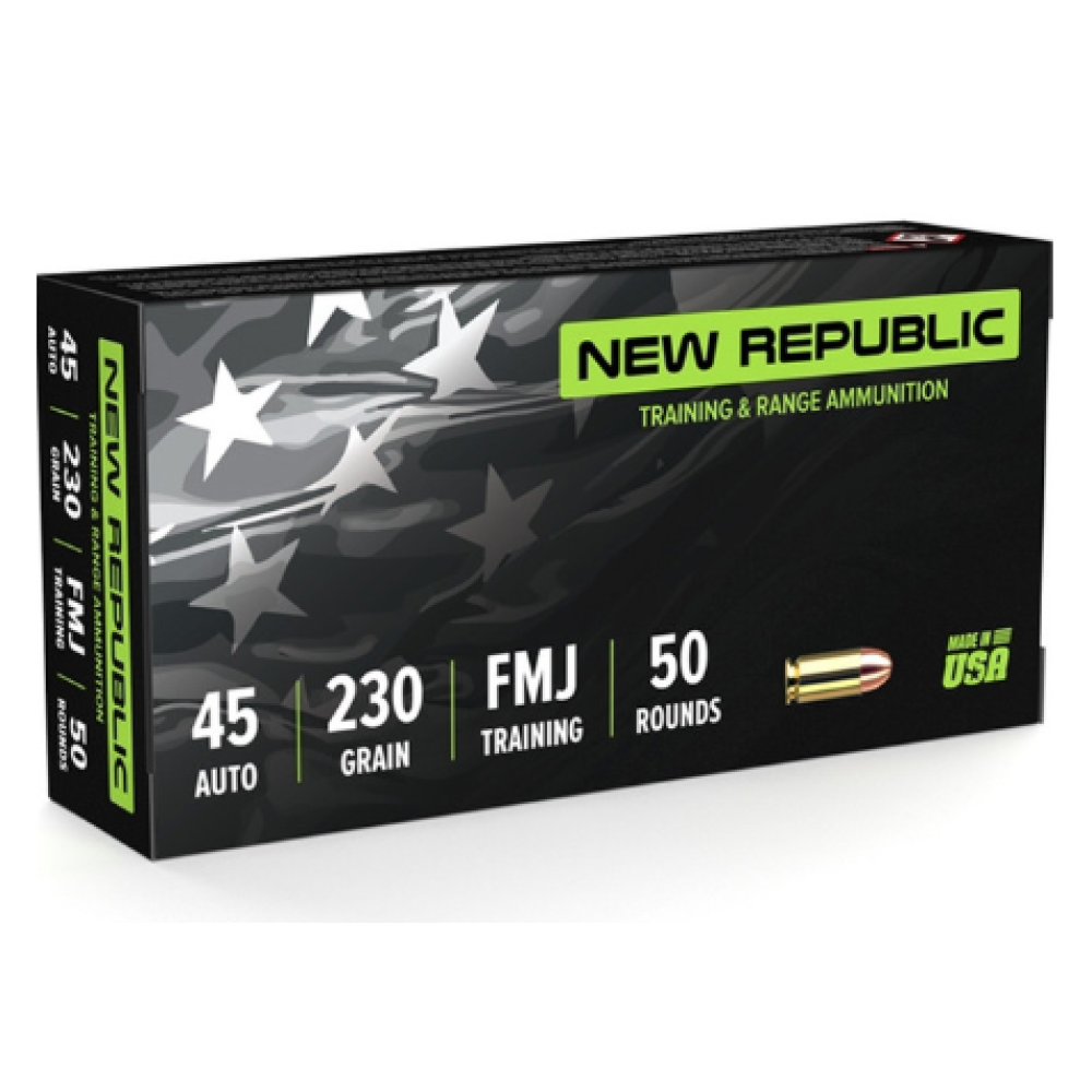 New Republic 45 Auto 230 Grain Full Metal Jacket(FMJ) - Made in USA
New Republic 45 Auto 230 Grain Full Metal Jacket(FMJ)