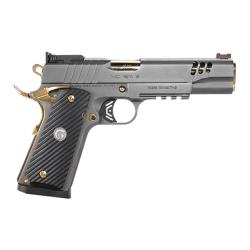 Girsan MC1911 Negotiator, Semi-automatic, 1911, Metal Frame Pistol, Full Size, 45 ACP, 5 Barrel, Titanium Nitrate Finish, Black with Gold Accents, G10 Grips, Adjustable Sights, Ambidextrous Safety, Extended Beavertail, 8 Rounds, 1 Magazine 390199