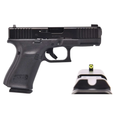 GLOCK 19 Gen 5, Striker Fired, Compact Size, 9MM, 4.02 Marksman Barrel, Polymer Frame, Matte Finish, Ameriglo Ultimate Carry Night Sights (Green Tritium Front Sight with Lumigreen Outline, Black Serrated U-notch Rear), 15 Rounds, 3 Magazines, Front S