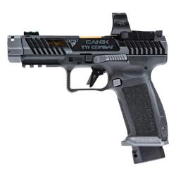 CANIK TTI Combat, Striker Fired, Semi-automatic, Polymer Framed Pistol, Full Size, 9mm, 4.6 Fluted Barrel, Quick Detach Canik Compensator, Cerakote Finish, Smoke, 3-Dot Sights, MeCanik MO3 Optic, Holster, Punch and Toolkit, Cleaning Kit, Hard Case, 1