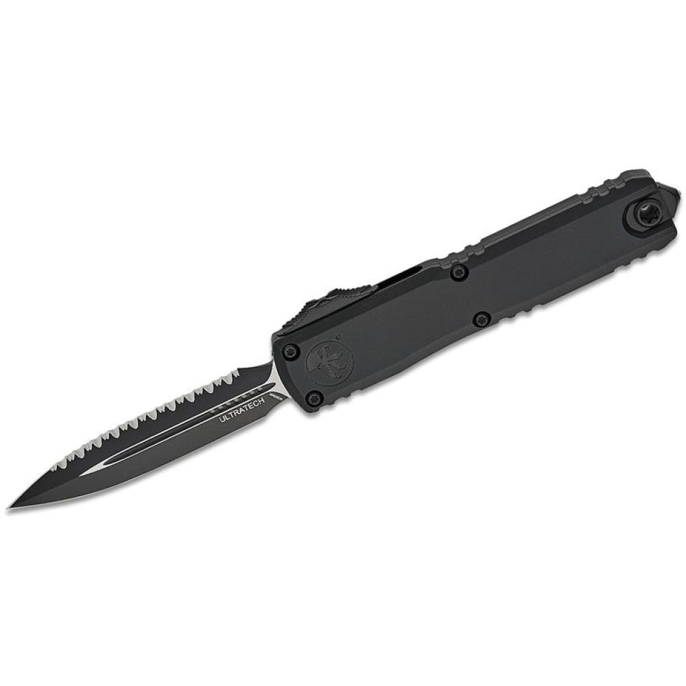 1122-3T Ultratech ZBP Zero Blade Play Tactical AUTO OTF Knife 3.5" Bohler M390MK Black Plain/Serrated Double Edge Dagger Blade, Black Aluminum