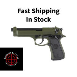Beretta 92FS, Semi-automatic, Double Action/Single Action, Metal Frame Pistol, Full Size, 45 ACP, 4.9 Barrel, 1/2X28 Thread Pitch, Matte Finish, Olive Drab Green, Fixed Sights, 15 Rounds, 2 Magazines J92F300GR15
