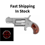North American Arms Mini Revolver, Single Action, Revolver, 22LR, 1.125 Barrel, Matte Finish, Stainless Steel, Silver, Wood Grips, Fixed Sights, 5 Rounds NAA-22LR