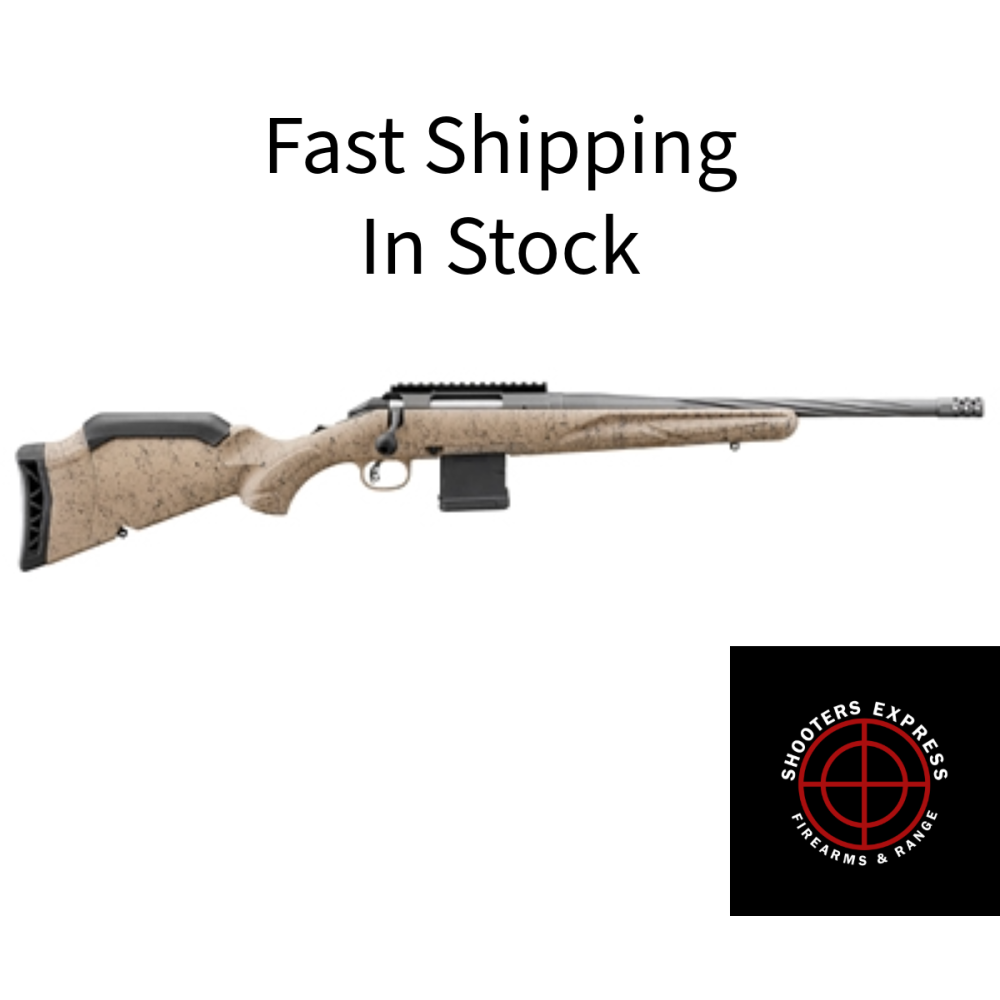 Ruger American Rifle Ranch, Generation II, Bolt Action Rifle, 556NATO, 16.1 Spiral Fluted Barrel, 1:8 Twist, Threaded 1/2x28, Muzzle Brake, Cerakote Finish, Cobalt, Flat Dark Earth Splatter Synthetic Stock, Manual Safety, Picatinny Rail, 10 Rounds, 1