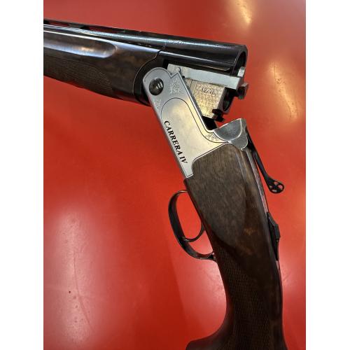 F.A.I.R Carrera IV - Nickel receiver with black script, FX wood with adjustable comb, ventilated midrib and buttplate, black lever and hinge pins, ported barrels, ABS case