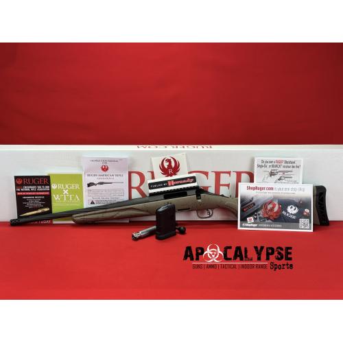Ruger American Rifle Ranch, Generation II, Bolt Action Rifle, 5.56 NATO, 16.1 Spiral Fluted Barrel, 1:8 Twist, Threaded 1/2X28, Muzzle Brake, Cerakote Finish, Cobalt, Flat Dark Earth Splatter Synthetic Stock, Manual Safety, Picatinny Rail, 10 Rounds,