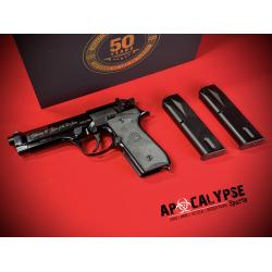 Beretta 92SB 50th Anniversary Edition, Semi-automatic, Double Action/Single Action, Metal Frame Pistol, Full Size, 9MM, G10 Grips, Anodized Finish, Black, 4.9 Barrel, Fixed Sights, 15 Rounds, 2 Magazines, Include Challenge Coin and History Booklet J9