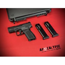 CANIK METE MC9L, Semi-automatic, Striker Fired, Polymer Frame Pistol, Compact, 9MM, 3.18 Barrel, Nitride Finish, Black, Optic Ready, White Dot Front Sight, Blackout Rear Sight, 2 Magazines, 17 Rounds, Includes Custom Holster HG7882-N