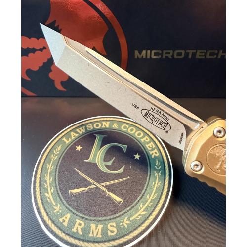 Microtech Hera II Mini OTF Automatic Knife — Tanto Edge, Apocalyptic Finish, Tan Handle | 1704M-10APTA