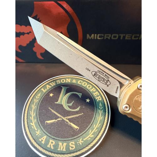 Microtech Hera II Mini OTF Automatic Knife — Tanto Edge, Apocalyptic Finish, Tan Handle | 1704M-10APTA