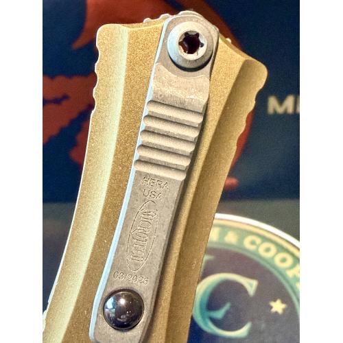Microtech Hera II Mini OTF Automatic Knife — Tanto Edge, Apocalyptic Finish, Tan Handle | 1704M-10APTA