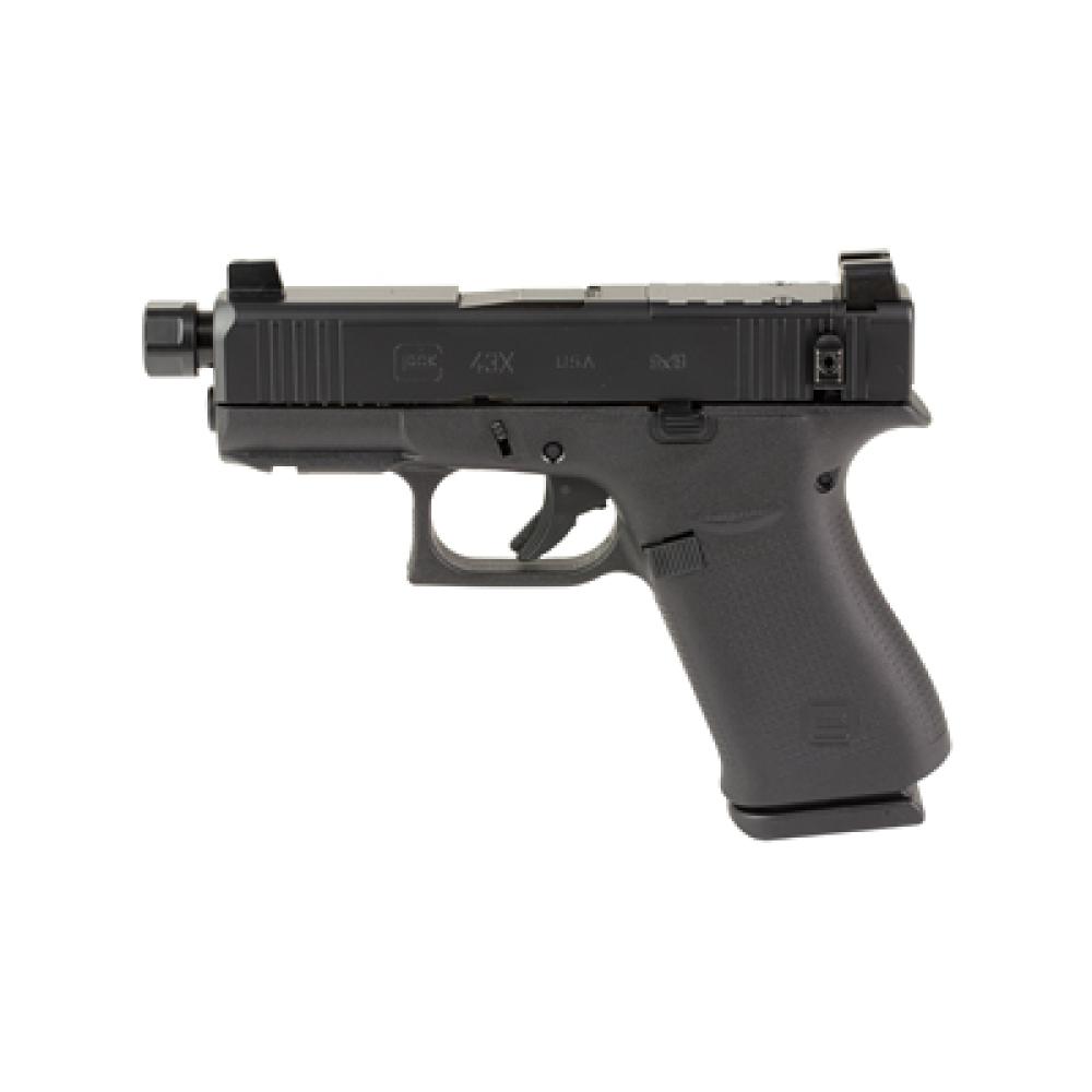 GLOCK, 43X Hush Puppy, Semi-automatic, Striker Fired, Polymer Frame Pistol, Sub-Compact, 3.92 Threaded Barrel, 1/2X28 Thread Pitch, Black Cerakote by Shark Coast Tactical, Slide Lock Lever, Suppressor Height Sights, 10 Rounds