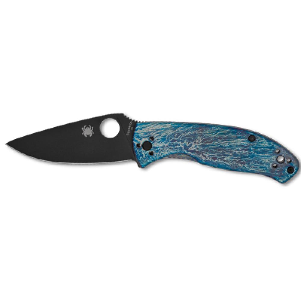 Spyderco, Tenacious, Folding Knife, 3.35" Drop Point Blade, D-2 Blade Steel, 7.74" Overall Length, R.I.L. Lock, Black Oxide Finish, Black Blade, Blue Titanium Handle with Disarray Finish