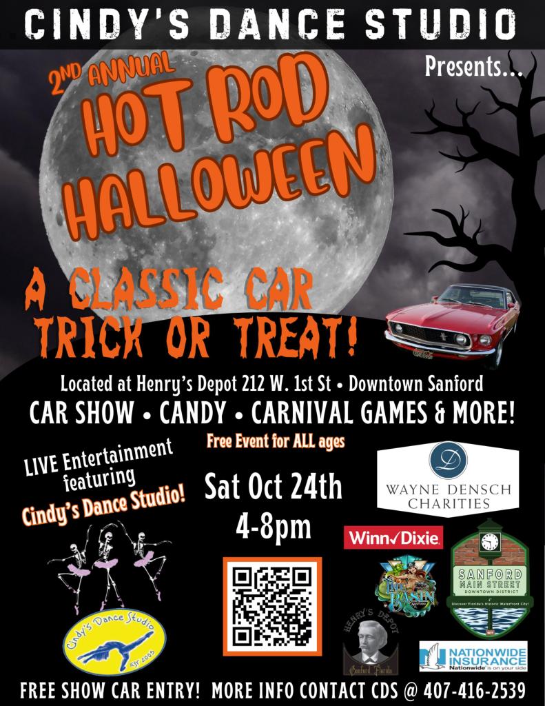Cindy's Dance Studio presents the 2nd Annual Hot Rod Halloween, a classic car trick or treat. Saturday October 24th, 4pm to 8pm at Henry's Depot, 212 W. 1st St, Downtown Sanford. Free event for all ages with car show, candy, and carnival games.
