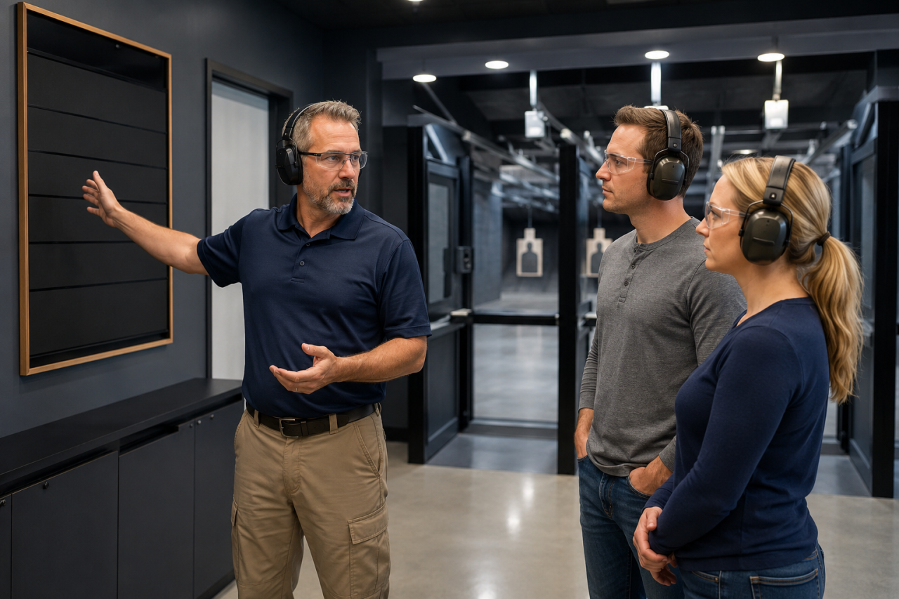 A professional firearms instructor giving two adult beginners a safety briefing before they enter indoor shooting lanes
