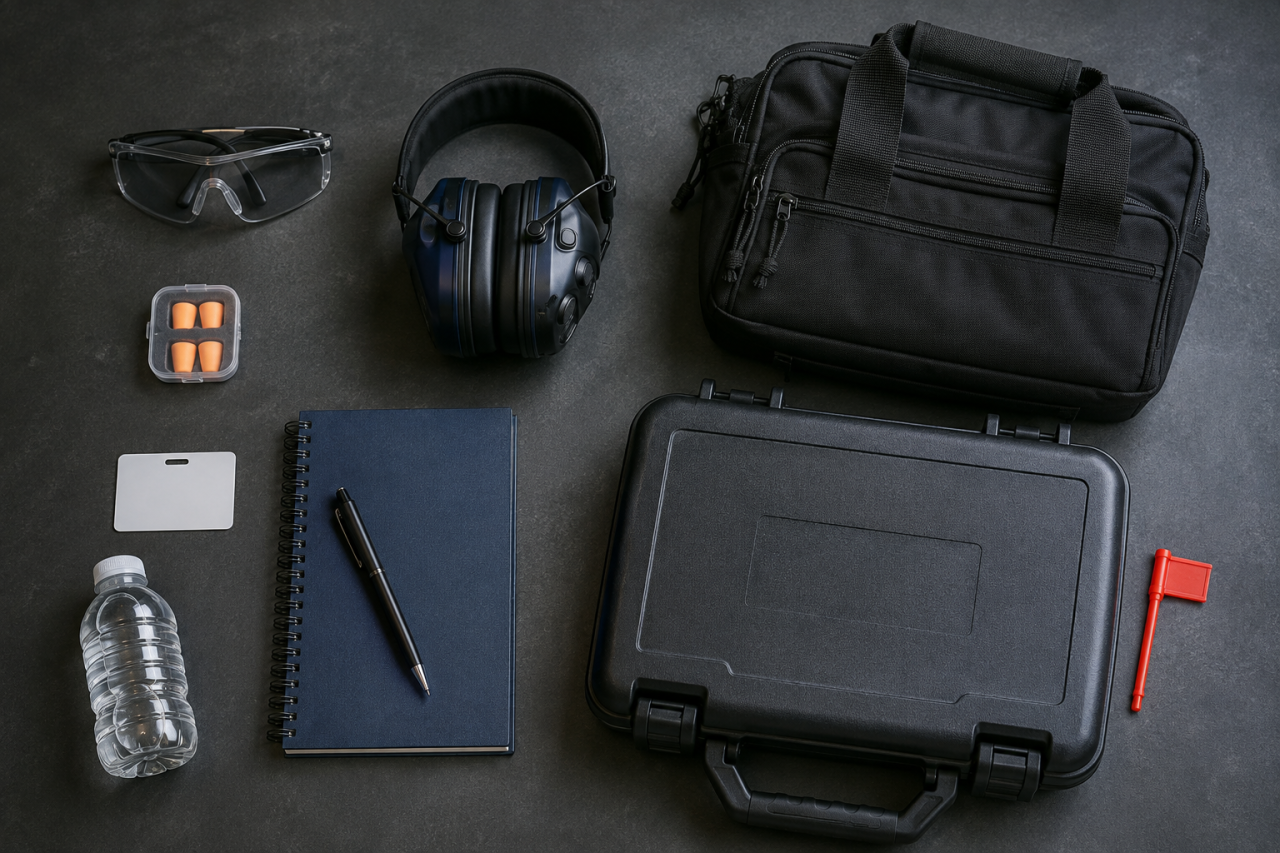Eye protection, hearing protection, a range bag, water, notebook and closed firearm case arranged for a first shooting-range visit