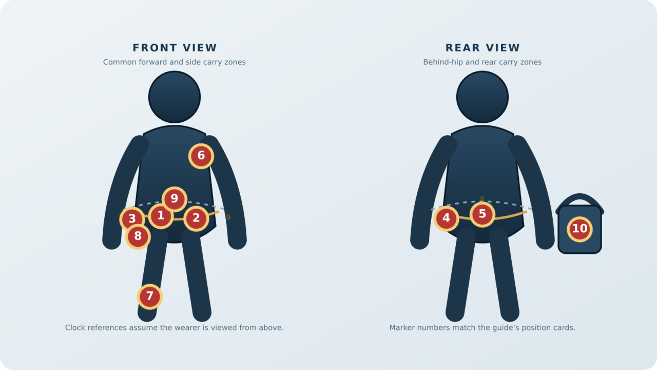 Front and rear body diagrams showing ten common concealed carry positions