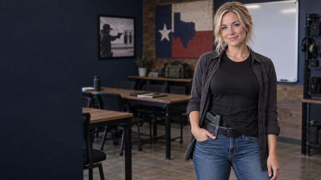 Whitney wearing everyday clothing with a compact handgun secured in an inside-the-waistband holster