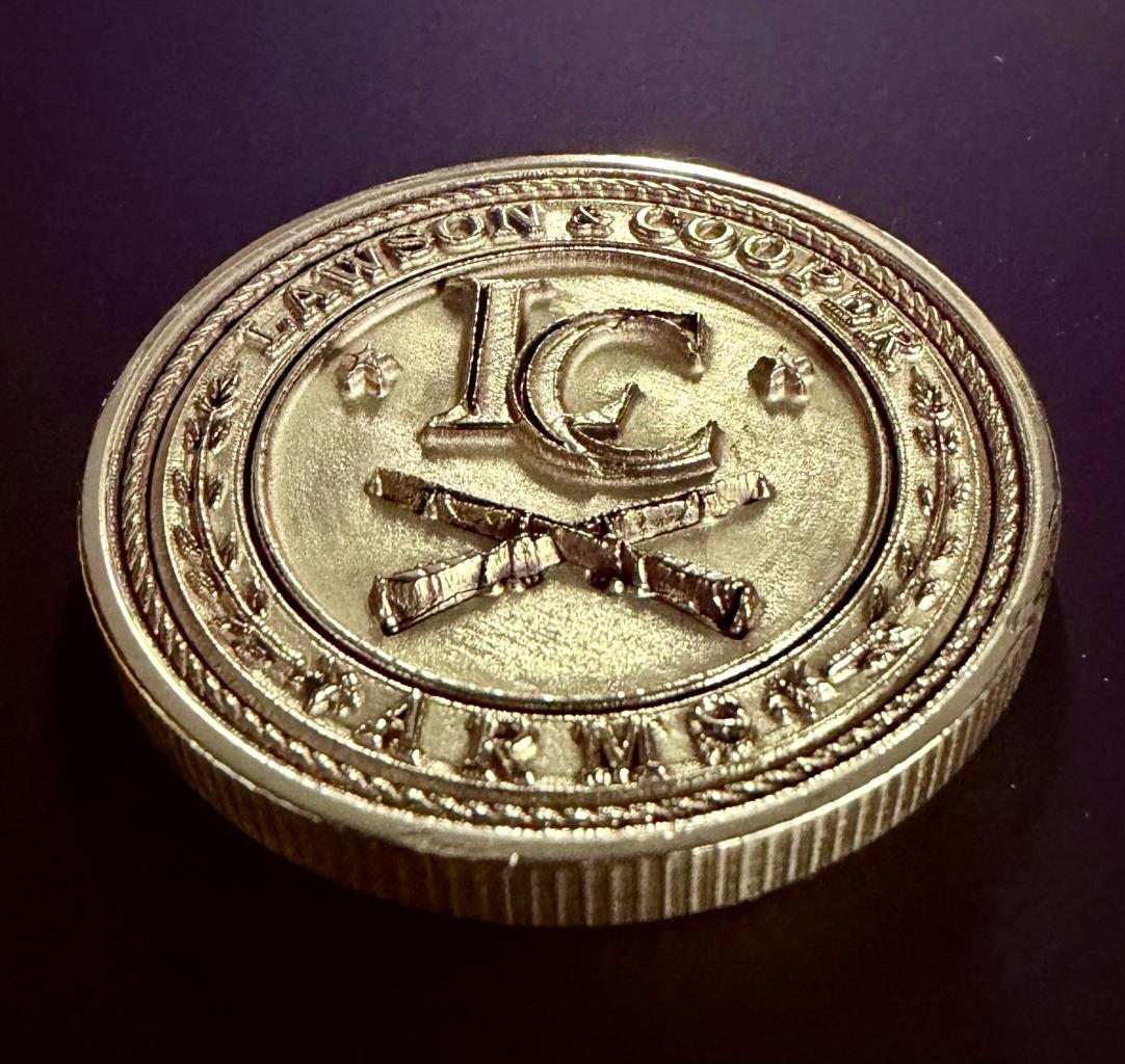 Lawson and Cooper Arms seal engraved on challenge coin