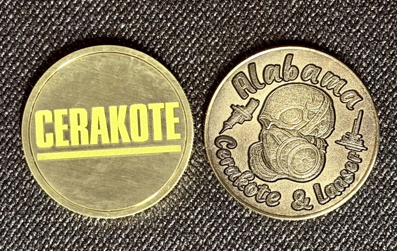Alabama Cerakote logo engraved on challenge coin